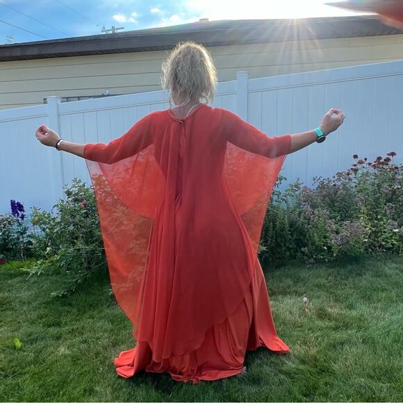 60s 70s Double Knit Poly pumpkin spice orange tank dress w/ sheer illusion cape - Picture 1 of 6